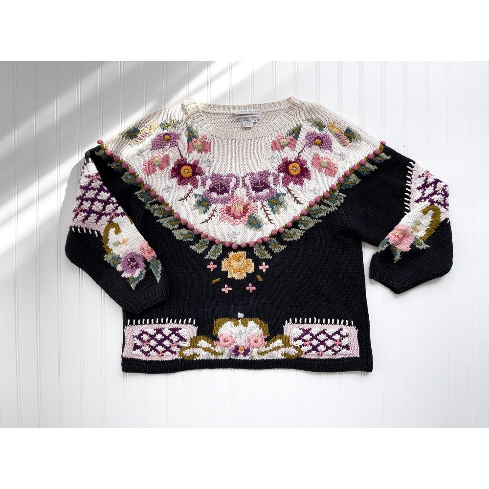 vtg Jennifer Reed black pink floral Fair Isle hand knit sweater‎ size M